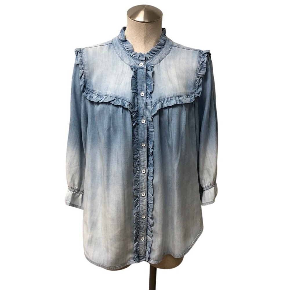 Wit & Wisdom Blouse Womens 1X Plus Light Blue Ombre Ruffle Lyocell Cottagecore